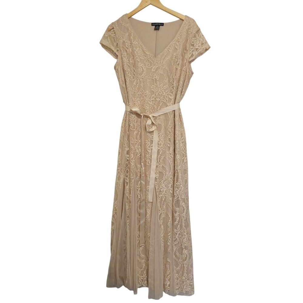 Candalite Women Champagne Beige lace Sheath Dress vented bottom  Maxi  Sz. 1X